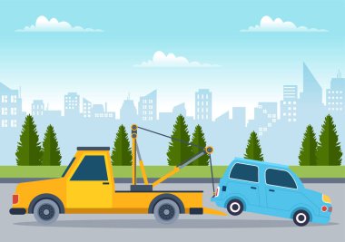 Otomobil Çekme Aracı Şablon El Çizim Çizim Çizimi Çizim Arkaplan Çizimi 'nde Yol Kenarı Yardım Servisi Kullanıyor