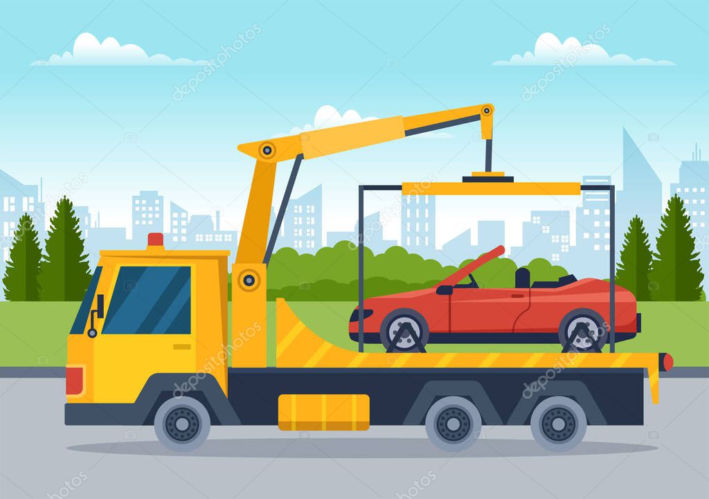 Auto Towing Car Using a Truck with Roadside Assistance Service in Template Hand Drawn Cartoon Flat Background Illustration