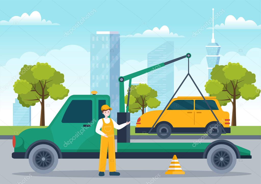 Auto Towing Car Using a Truck with Roadside Assistance Service in Template Hand Drawn Cartoon Flat Background Illustration