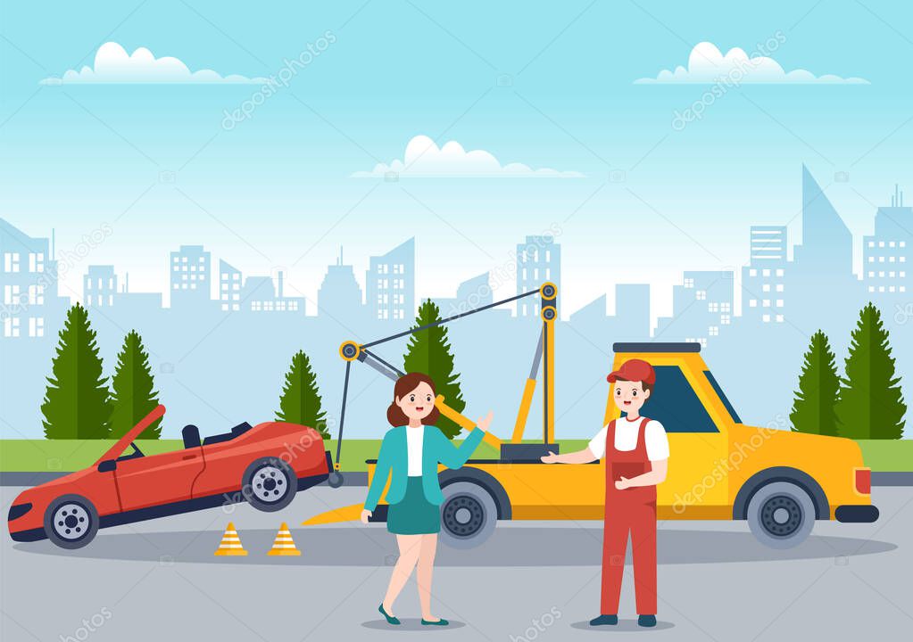 Auto Towing Car Using a Truck with Roadside Assistance Service in Template Hand Drawn Cartoon Flat Background Illustration