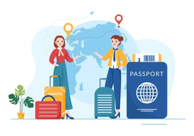 Göçmenlik Şablonu El Çizimi Başka Bir Ülkeye Taşınmak İçin Vize ve Pasaportlu Belgenin Düz Çizimi