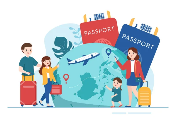 移民テンプレート手描き漫画別の国に移動するためのビザとパスポートを持つ文書のフラットイラスト — ストックベクタ