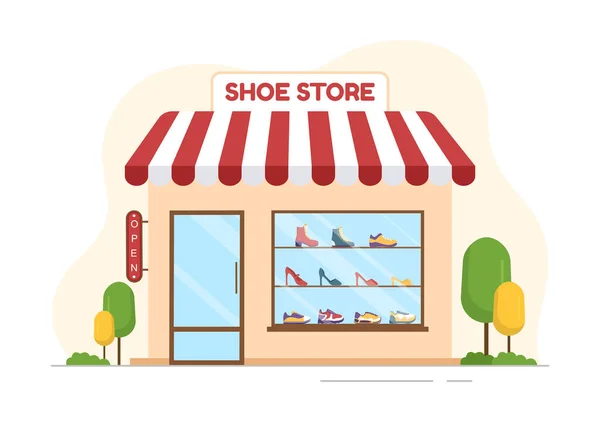 平底漫画手绘模板图解中不同型号或颜色的运动鞋及高跟鞋新品商店 — 图库矢量图片
