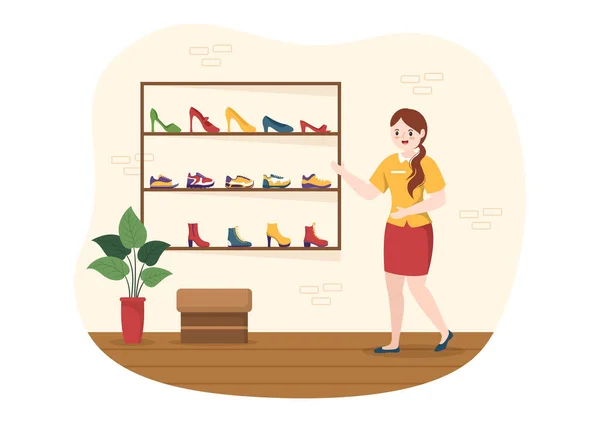 Schuhgeschäft Mit Neuer Kollektion Männer Oder Frauen Verschiedene Modelle Oder — Stockvektor