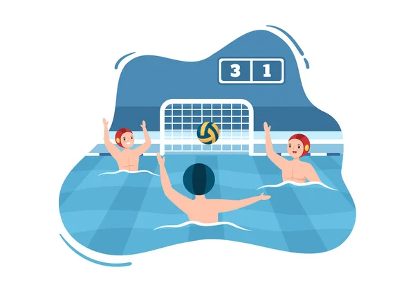 Water Polo Sport Player Playing to Throw the Ball on the Opponent\'s Goal in the Swimming Pool in Flat Cartoon Hand Drawn Templates Illustration