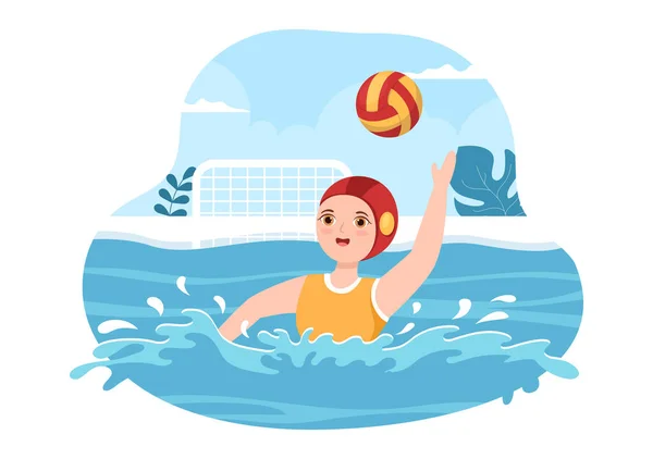 Water Polo Sport Player Playing to Throw the Ball on the Opponent's Goal in the Swimming Pool in Flat Cartoon Hand Drawn Templates Illustration