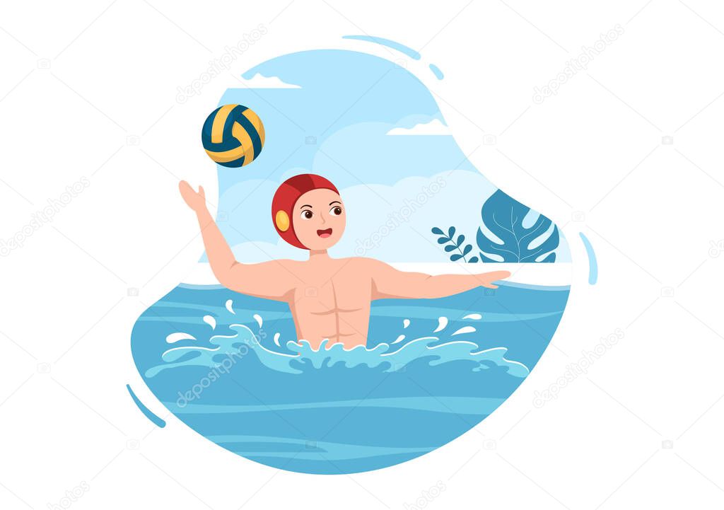 Water Polo Sport Player Playing to Throw the Ball on the Opponent's Goal in the Swimming Pool in Flat Cartoon Hand Drawn Templates Illustration