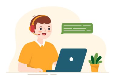 Düz Çizgi El Çizim Şablonu 'nda Kulaklık ve Bilgisayarlı Müşteri Hizmetleri Ajanı veya Yardım Hattı Operatörünü Ara