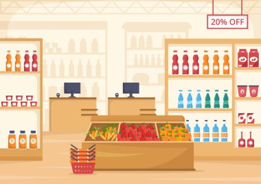 Market ya da markette Gıda Ürünleri Rafları, Raflar Süt Ürünleri, Flat Hand Çizim Şablonu 'nda Alışveriş İçin Meyveler ve İçecekler
