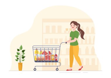 Market ya da markette Gıda Ürünleri Rafları, Raflar Süt Ürünleri, Flat Hand Çizim Şablonu 'nda Alışveriş İçin Meyveler ve İçecekler