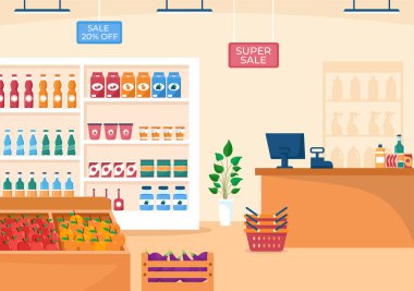 Market ya da markette Gıda Ürünleri Rafları, Raflar Süt Ürünleri, Flat Hand Çizim Şablonu 'nda Alışveriş İçin Meyveler ve İçecekler