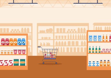 Market ya da markette Gıda Ürünleri Rafları, Raflar Süt Ürünleri, Flat Hand Çizim Şablonu 'nda Alışveriş İçin Meyveler ve İçecekler