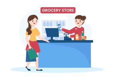 Market ya da markette Gıda Ürünleri Rafları, Raflar Süt Ürünleri, Flat Hand Çizim Şablonu 'nda Alışveriş İçin Meyveler ve İçecekler