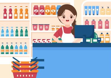 Market ya da markette Gıda Ürünleri Rafları, Raflar Süt Ürünleri, Flat Hand Çizim Şablonu 'nda Alışveriş İçin Meyveler ve İçecekler
