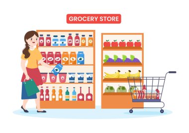 Market ya da markette Gıda Ürünleri Rafları, Raflar Süt Ürünleri, Flat Hand Çizim Şablonu 'nda Alışveriş İçin Meyveler ve İçecekler