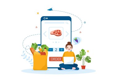 Çevrimiçi Market veya Süpermarketten Düz Çizgi El Çizim Şablonları Uygulaması ile Günlük İhtiyaçlar veya Yiyecek Siparişi