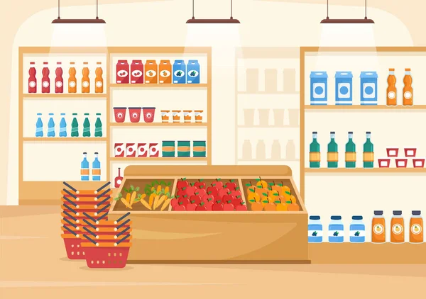 식료품 저장고 슈퍼마켓 Racks Dairy Fruits Drinks Shopping Flat Cartoon — 스톡 벡터