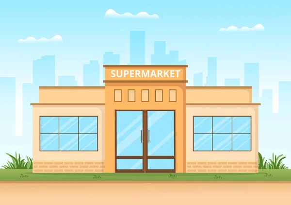 Tienda Comestibles Supermercado Con Productos Alimenticios Estantes Estantes Lácteos Frutas — Vector de stock