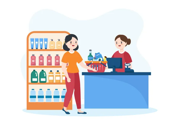 Épicerie Supermarché Avec Étagères Étagères Pour Produits Alimentaires Produits Laitiers — Image vectorielle