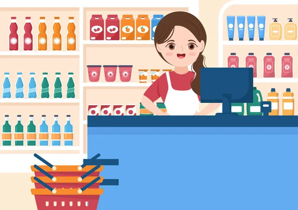 Mercearia Supermercado Com Prateleiras Produtos Alimentares Racks Laticínios Frutas Bebidas — Vetor de Stock