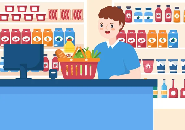 Sklep Spożywczy Lub Supermarket Półkami Produktów Spożywczych Stojaki Dairy Owoce — Wektor stockowy