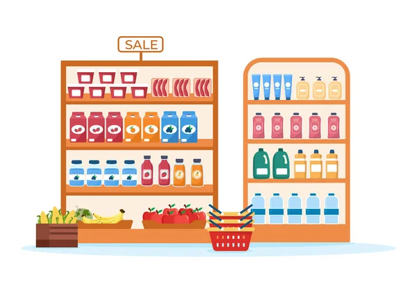 设有食品货架 水果及饮品的杂货店或超级市场供购物用的平面卡通手绘模板图解 — 图库矢量图片