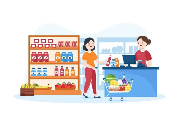 Grocery Store or Supermarket with Food Product Shelves, Racks Dairy, Fruits and Drinks for Shopping in Flat Cartoon Hand Drawn Templates Illustration