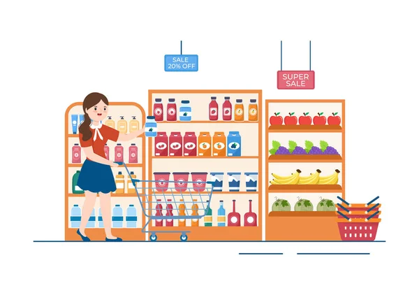 Mercearia Supermercado Com Prateleiras Produtos Alimentares Racks Laticínios Frutas Bebidas — Vetor de Stock