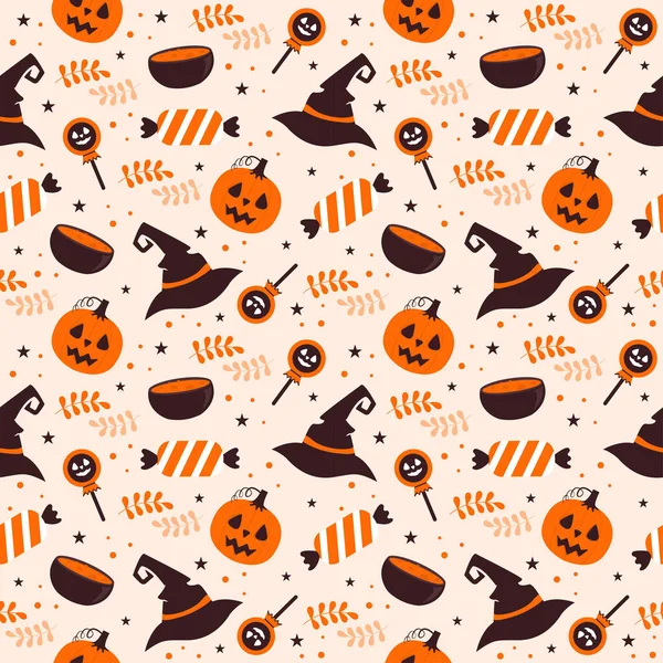 Halloween Seamless Pattern Design Witch Haunted House Pumpkins Bats Template — 스톡 벡터