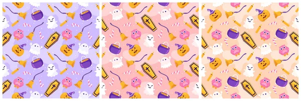 Ensemble Motifs Sans Couture Halloween Avec Sorcière Maison Hantée Citrouilles — Image vectorielle