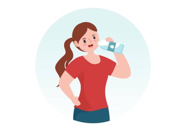 Plastik şişe ve bardaklardan su içen insanlar Düz Çizgi El Çizim Şablonu 'nda Saf Temiz Taze Kavram