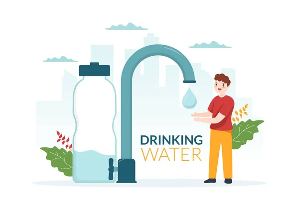 Άνθρωποι Πόσιμο Νερό Από Πλαστικά Μπουκάλια Και Ποτήρια Καθαρή Καθαρή — Διανυσματικό Αρχείο