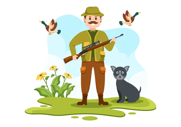 Jäger Mit Jagdgewehr Oder Waffe Schießen Auf Vögel Oder Tiere — Stockvektor
