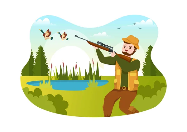 Hunter Hunting Rifle Weapon Shooting Birds Animals Forest Flat Cartoon — Stock Vector