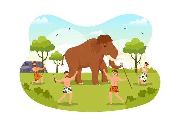Prehistoric Stone Age Tribes Hunting Large Animals Weapon Flat Cartoon — Stock Vector