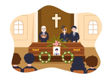 Tabut Çevresinde Tabut Çelengi ve Siyah Giysili Üzücü İnsanlar Mezarlığı 'nda Cenaze Töreni Çizim Elleri Çizim Şablonu