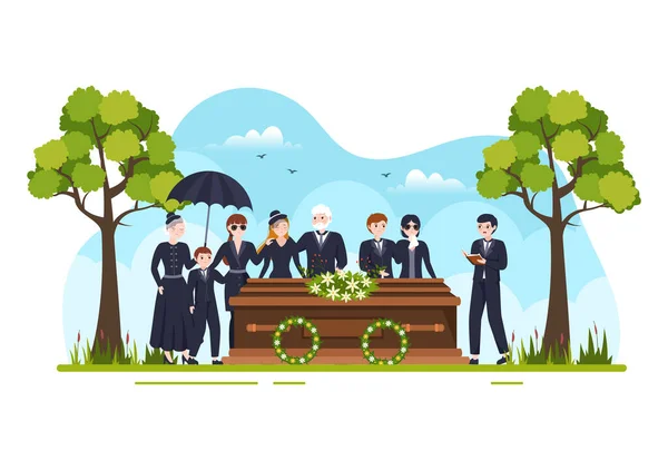 Ceremonia Funeraria Tumba Gente Triste Con Ropa Negra Pie Corona — Vector de stock