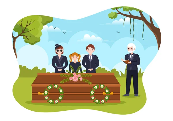 Ceremonia Funeraria Tumba Gente Triste Con Ropa Negra Pie Corona — Vector de stock