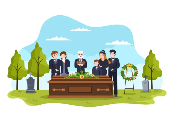 Cerimônia Fúnebre Túmulo Pessoas Tristes Roupas Pretas Grinalda Torno Caixão —  Vetores de Stock
