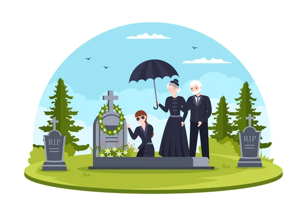 Tabut Çevresinde Tabut Çelengi Siyah Giysili Üzücü Nsanlar Mezarlığı Nda — Stok Vektör