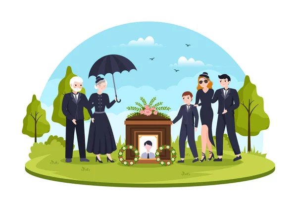 平纹漫画手绘模板图例中身穿黑色衣服的悲伤人站在坟墓前的丧礼及棺材四周的花环 — 图库矢量图片