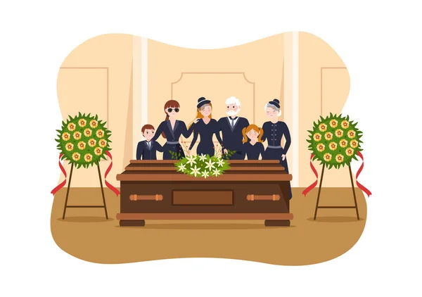 平纹漫画手绘模板图例中身穿黑色衣服的悲伤人站在坟墓前的丧礼及棺材四周的花环 — 图库矢量图片