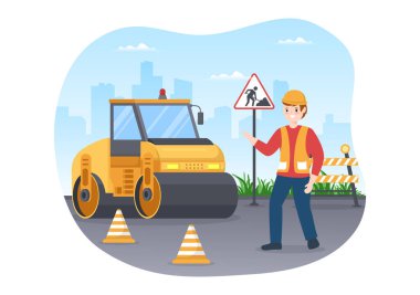Yol Yapımı ve Otoyol Bakım İşçileri, Düz El Çizim Şablonu Üzerinde Sondaj Makinesi ile Asfalt Yollar üzerinde çalışıyor