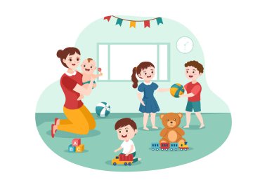 Bebek bakıcısı veya Dadı Hizmetleri Bebek İhtiyaçlarını Sağlamak ve Çocuklarla Düz Çizim Çizim Çizim Şablonu 'nda Oynamak İçin