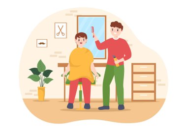 Erkek ya da Kadın Müşteriler için Berber Dükkanı Aynalı Saç Tıraşı, Masa ve Saç Kesme Ekipmanı Çizim Elleri Çizim Şablonu