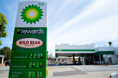 Perth, Australia - March 9, 2022: Record high fuel prices at BP gas station
