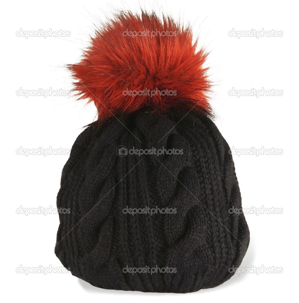black knit cap with a red pompon