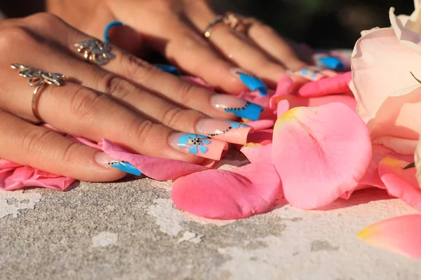 Handen met een mooie manicure liggend op rozen — Stockfoto