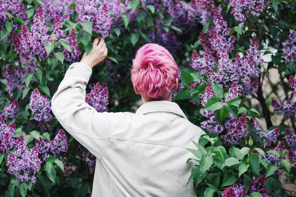 Attractive Young Woman Pink Lilac Flowers Purple Background Flowering Branch — Stock Photo, Image