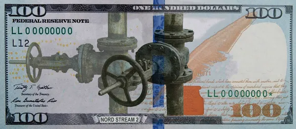 Dólar Americano Com Uma Foto Guindaste Oleoduto Gasoduto Conceito Nord — Fotografia de Stock